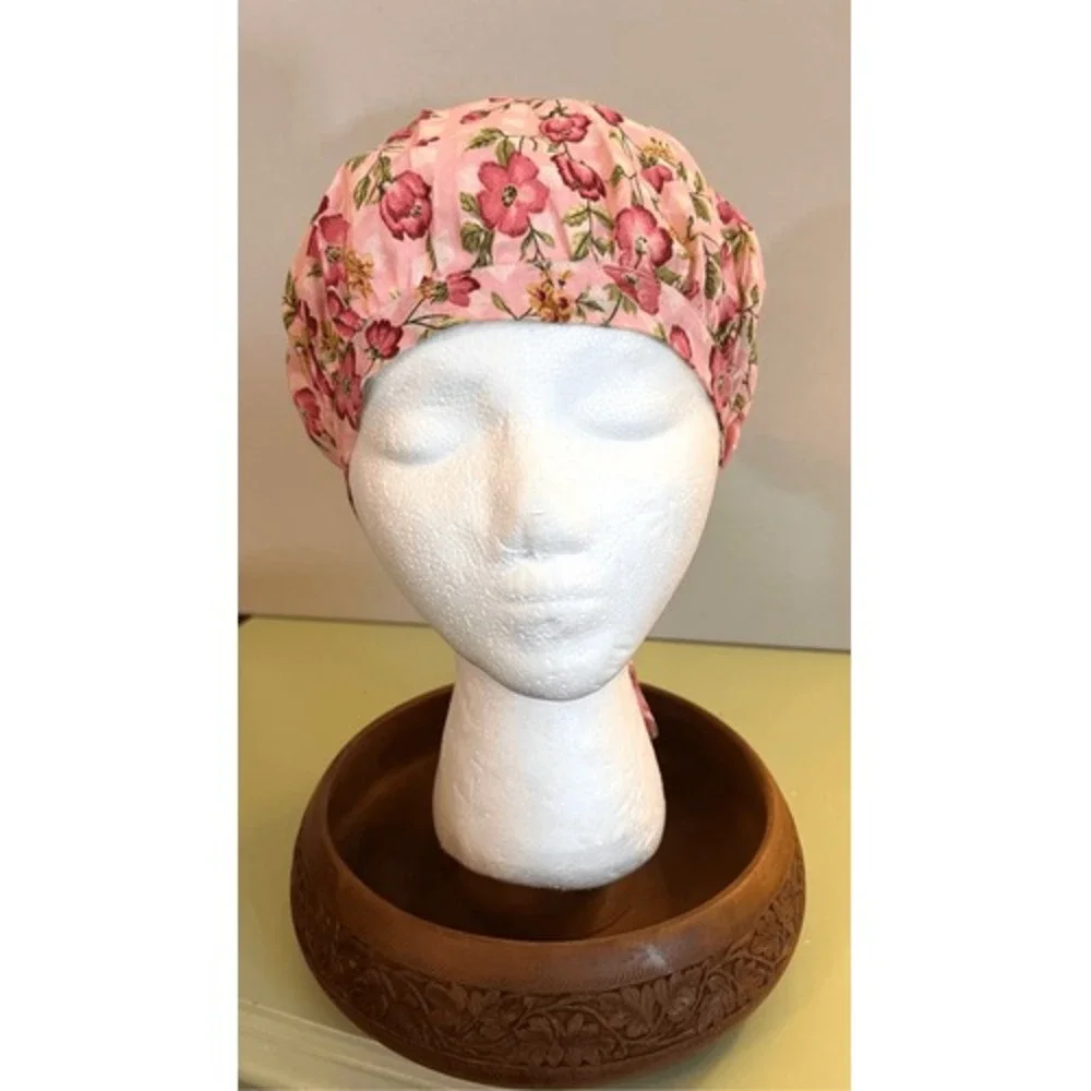 Vintage handmade Floral Print Hair‎ Bonnet Hat Sleeping Tie Button - Picture 2 of 9